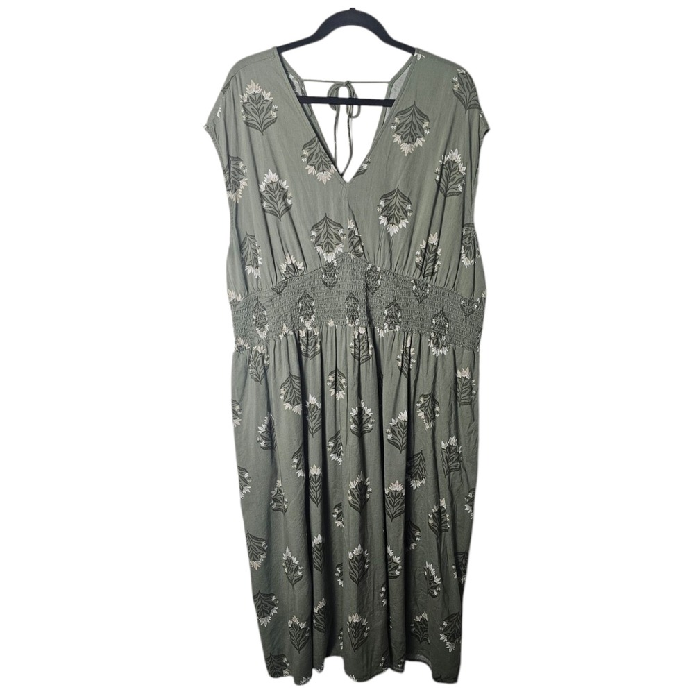 Old‎ Navy 2X Sage Green Midi Dress Sleeveless V-Neck Floral Print Smocked Waist
